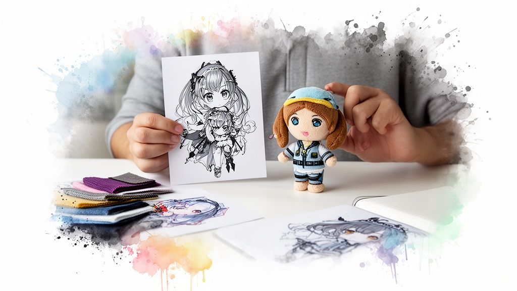 Hands hold an anime character drawing next to a custom plush doll and fabric samples.