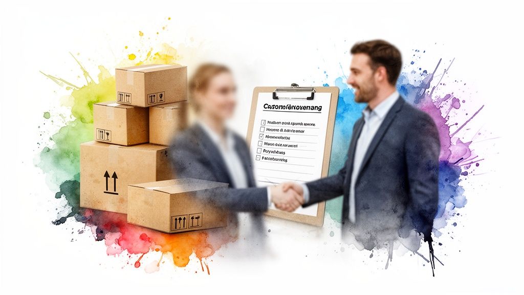 Two business professionals shaking hands, surrounded by shipping boxes and a checklist.