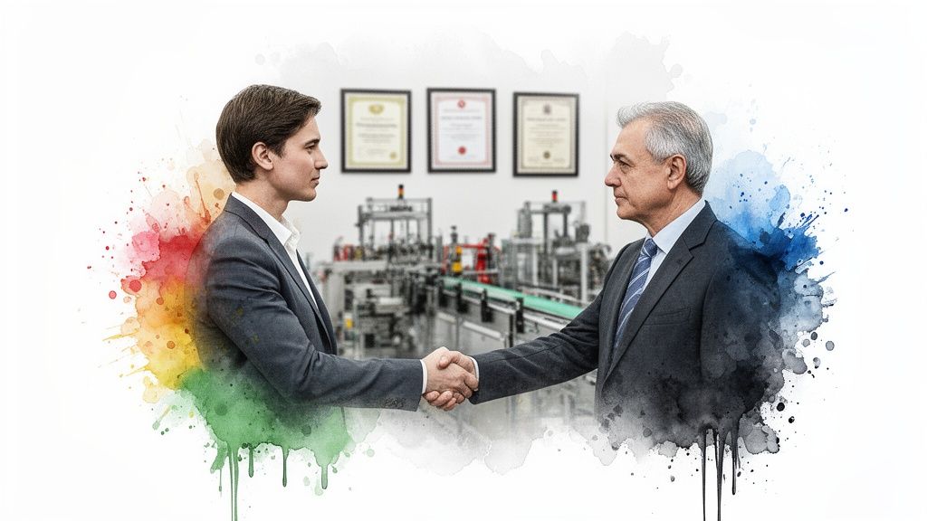 Two businessmen shake hands amidst colorful watercolor splashes, symbolizing a partnership in an industrial setting.