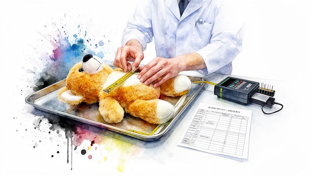 A scientist measures a teddy bear on a tray with a tape measure and testing equipment.