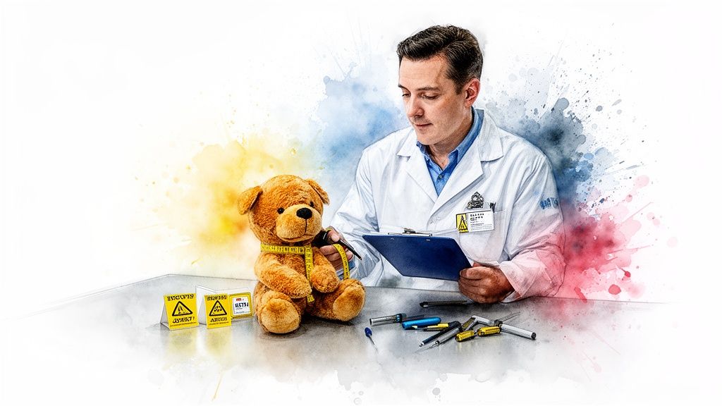 A male scientist in a lab coat examines a teddy bear with a measuring tape and tools.