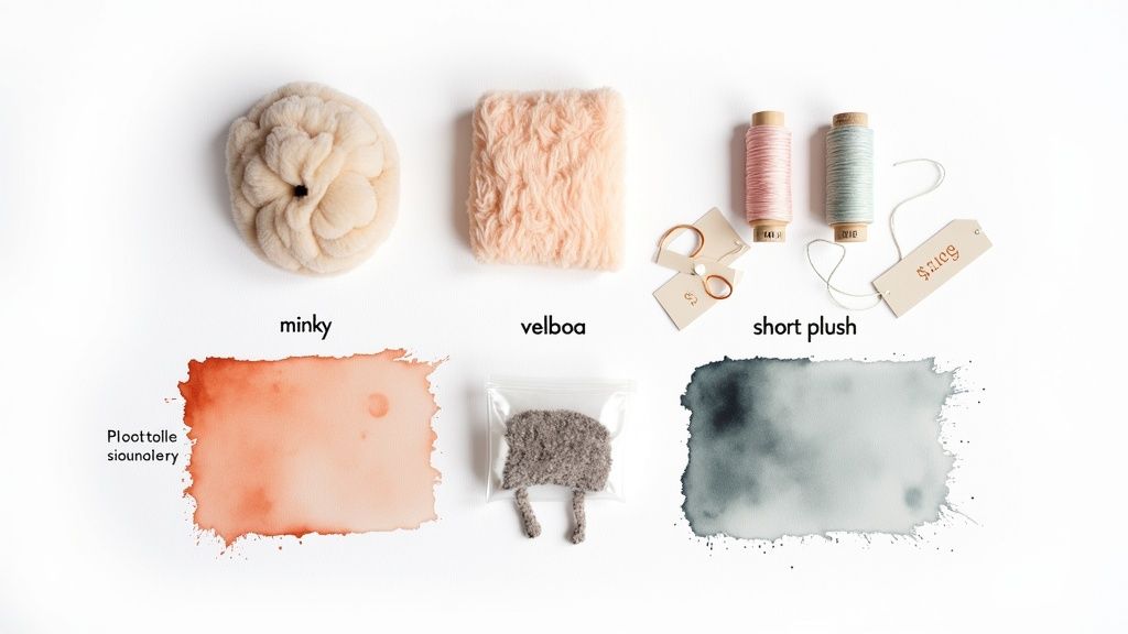 Various plush fabric samples, threads, and craft supplies displayed with labels on a white background.