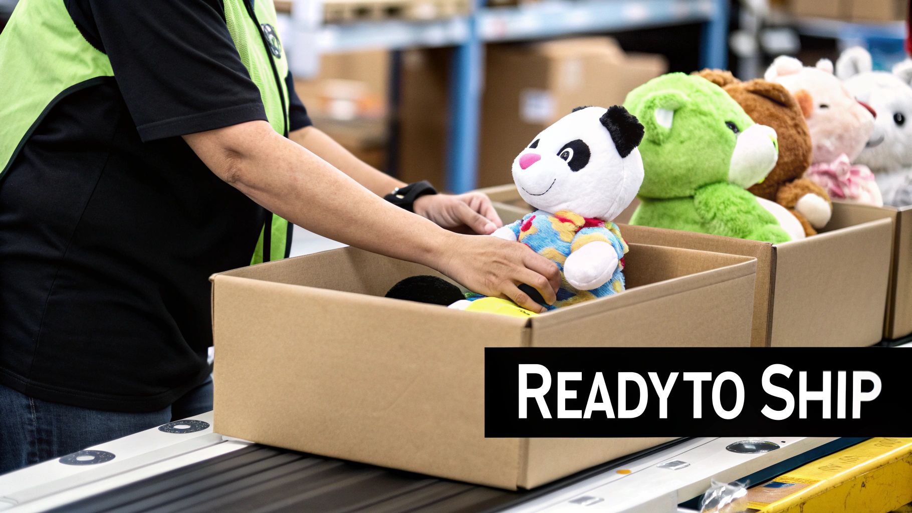 Warehouse worker places a custom panda plush toy into a shipping box on a conveyor belt, ready to ship.