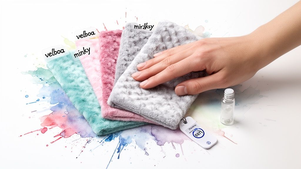 A hand feels soft velboa and minky fabrics in various colors, with a bottle and keychain.