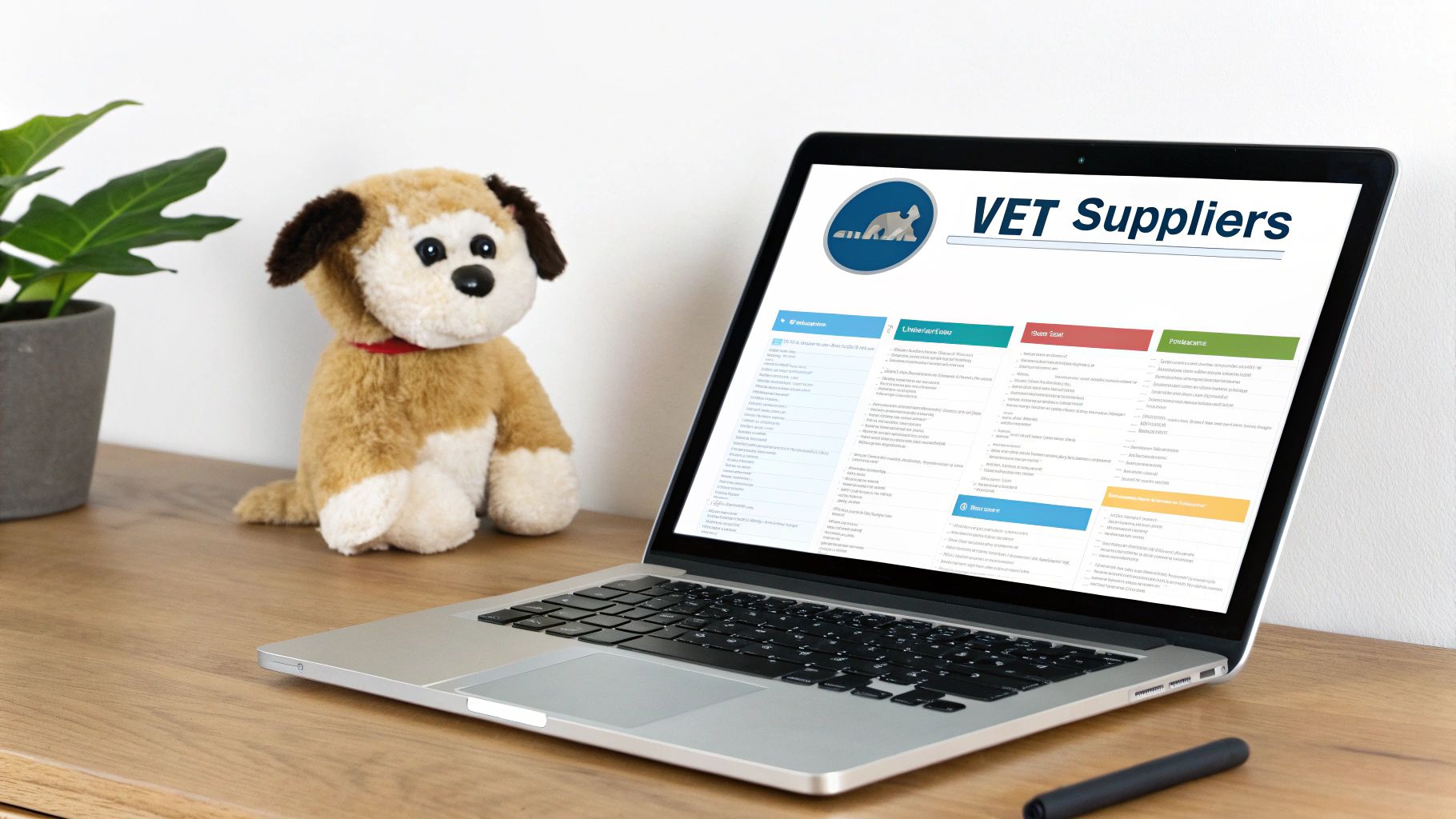 A laptop displaying a 'VET Suppliers' website, a plush dog toy, and a green plant on a wooden desk.