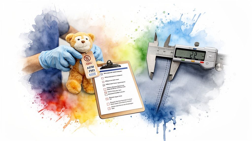 Gloved hand with a teddy bear (ASTM F963 tag), checklist, and caliper measuring fabric, illustrating toy safety and quality testing.