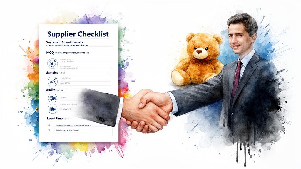 A watercolor style image of a supplier checklist, a business handshake, and a brown teddy bear.