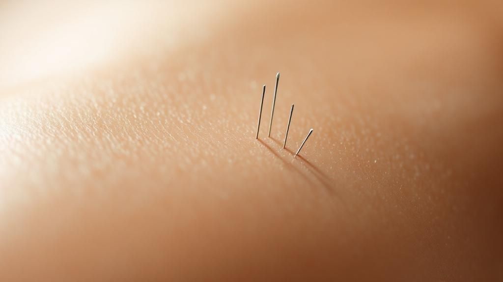 Acupuncturist gently placing needles in a patient's back to stimulate healing.