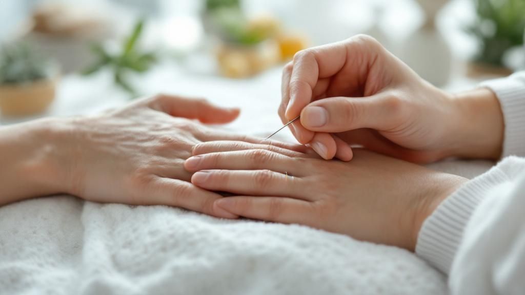 Person receiving acupuncture on their forehead for relaxation.