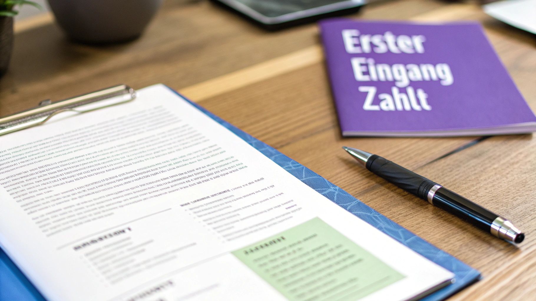 Schreibtisch mit einem Dokument in blauer Mappe, einem Stift und einem lila Buch mit der Aufschrift 'Erster Eingang Zahlt'.