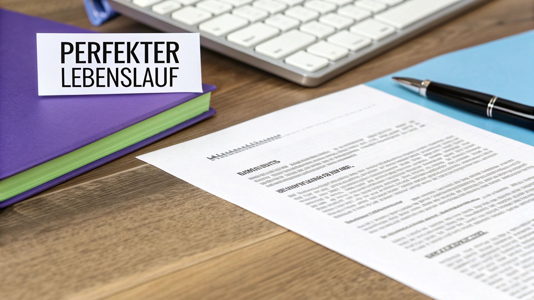 Ein Schreibtisch mit Notizbuch, Dokumenten, Stift und einer Karte mit der Aufschrift 'PERFEKTER LEBENSLAUF'.