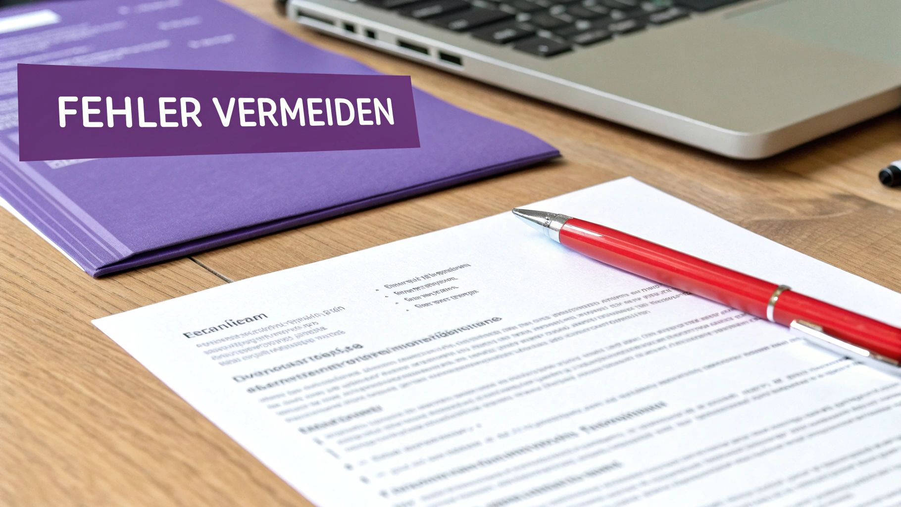 Schreibtisch mit lila Ordner, Laptop, rotem Stift und Dokument. Banner mit der Aufschrift „FEHLER VERMEIDEN“.