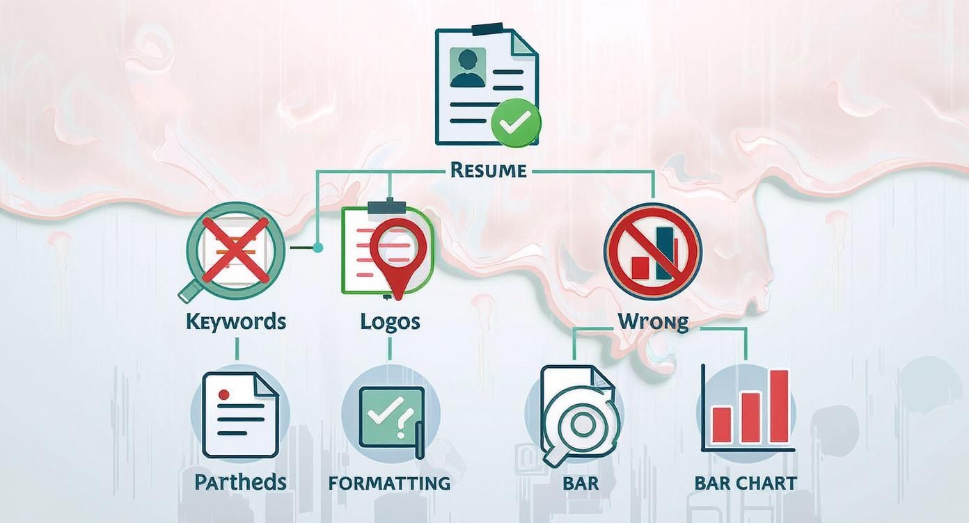Flussdiagramm zur Lebenslaufoptimierung, das wichtige Aspekte wie Schlüsselwörter, Logos und korrekte Formatierung hervorhebt.