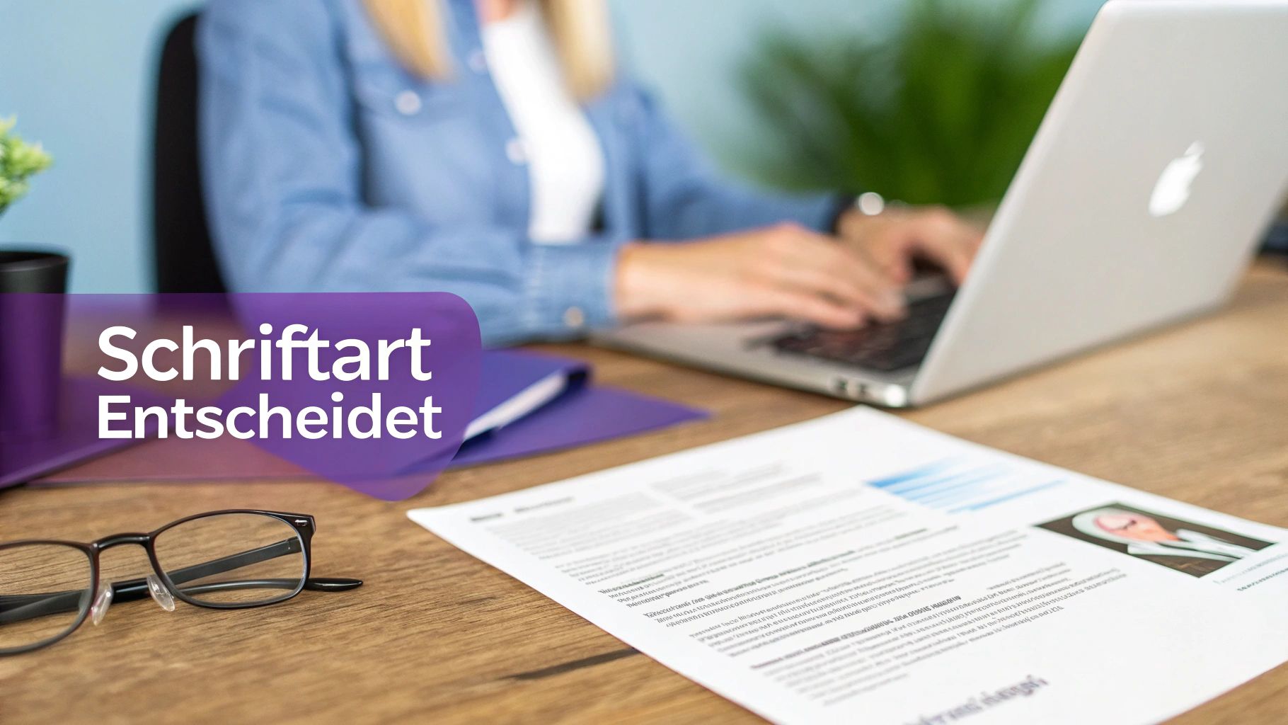 Eine Person tippt auf einem Laptop, daneben Brille, Dokumente und der Text 'Schriftart Entscheidet' auf einem Schreibtisch.