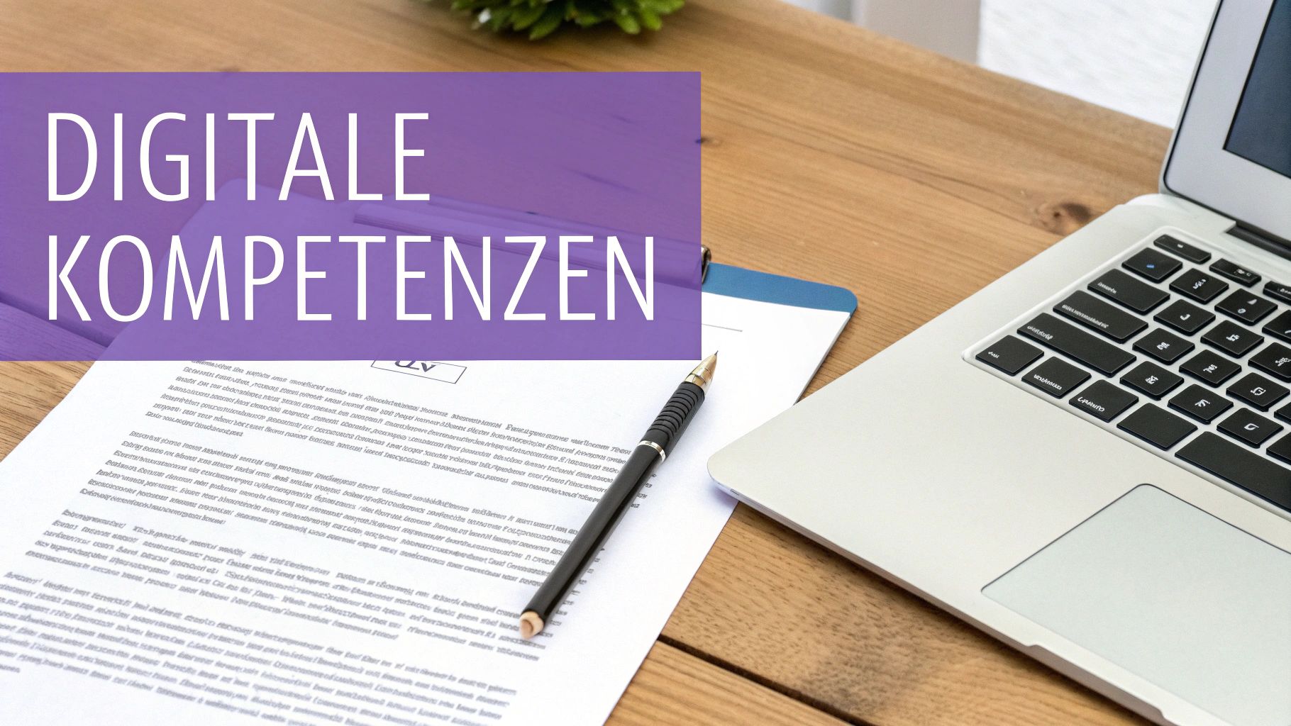 Bürotisch mit Laptop, Stift und Dokumenten unter einem Banner mit der Aufschrift „DIGITALE KOMPETENZEN“.