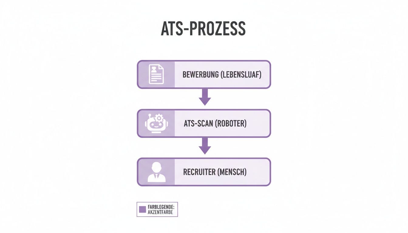 Ein Flussdiagramm zeigt den ATS-Prozess: Bewerbung (Lebenslauf), ATS-Scan (Roboter) und Recruiter (Mensch).