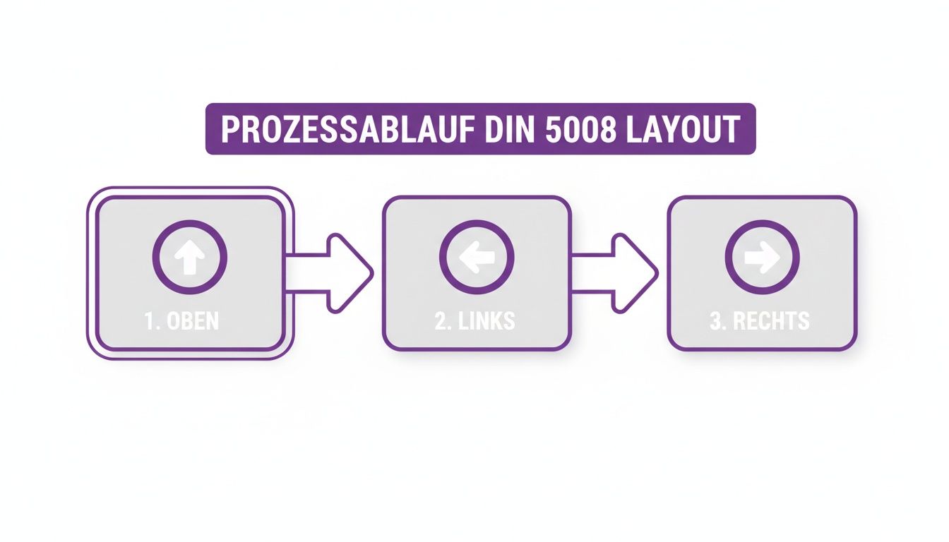 Flussdiagramm zeigt den Prozessablauf für ein DIN 5008 Layout mit den Schritten Oben, Links und Rechts.