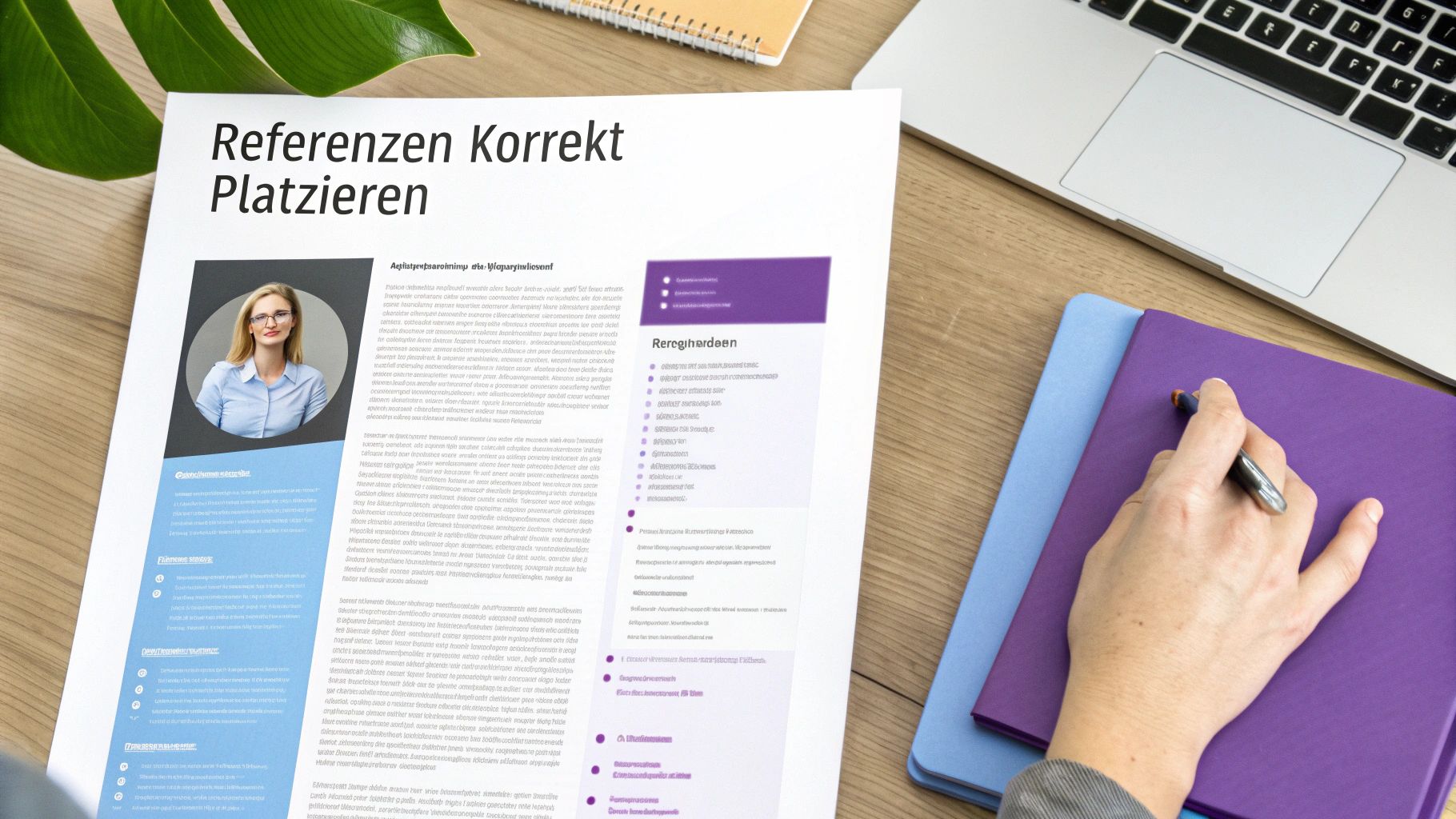 Dokument 'Referenzen Korrekt Platzieren' mit Frauenporträt und Text auf einem Schreibtisch mit Notizbuch und Laptop.