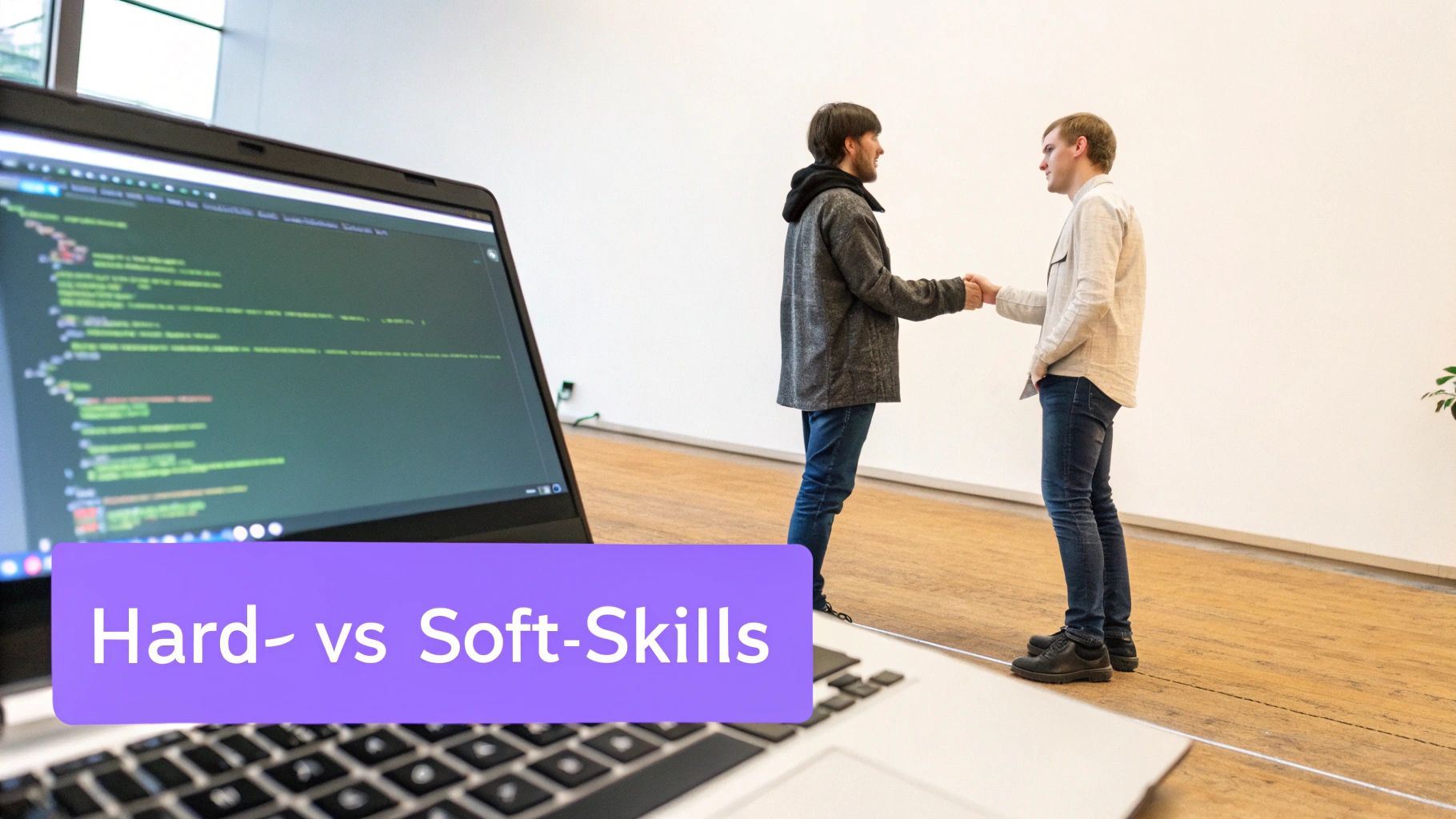 Laptop mit Code, zwei Männer schütteln sich die Hände, darüber der Text "Hard- vs Soft-Skills".