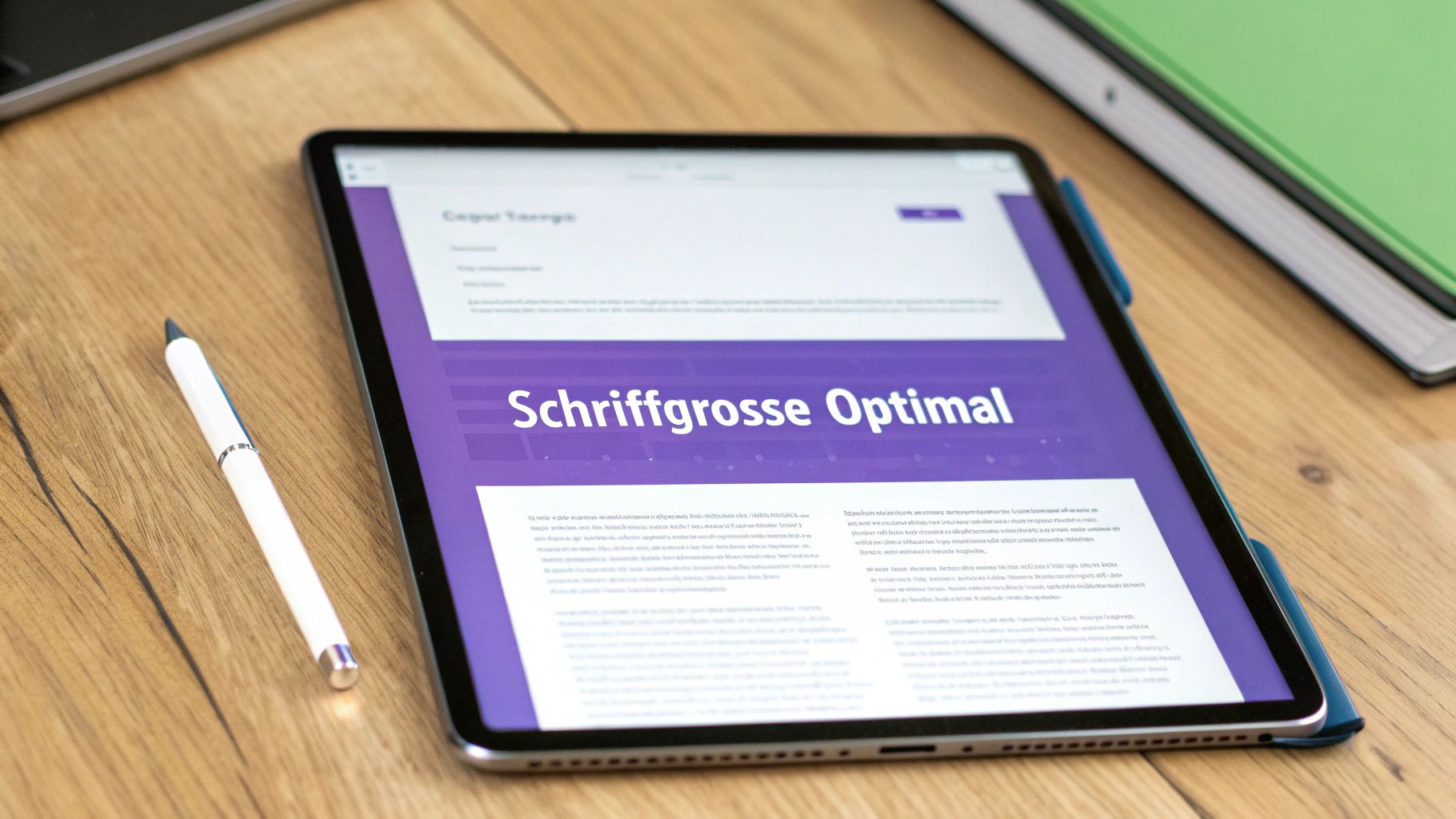 Ein Tablet mit der Überschrift 'Schriftgröße Optimal' auf einem Holztisch, daneben ein weißer Stift.