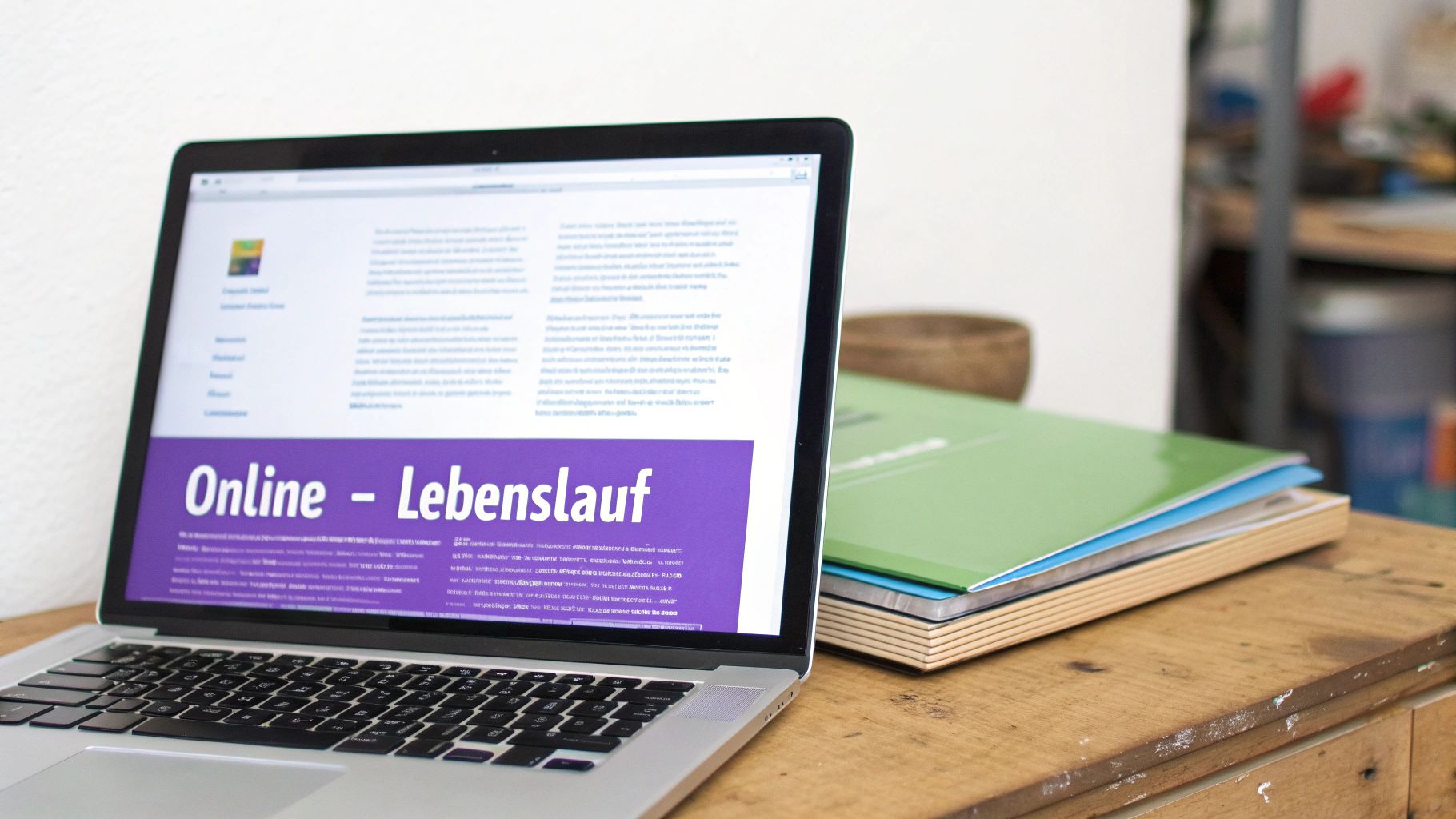 Laptop auf Holztisch zeigt Webseite mit 'Online - Lebenslauf', daneben liegen grüne Ordner bereit.