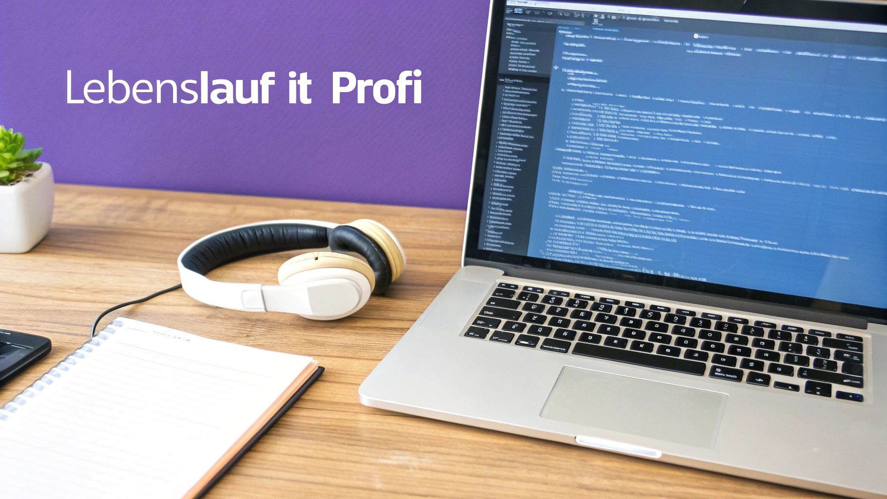 Ein Laptop mit Code auf dem Bildschirm, Kopfhörer und Notizbuch auf einem Schreibtisch mit dem Text 'Lebenslauf it Profi'.