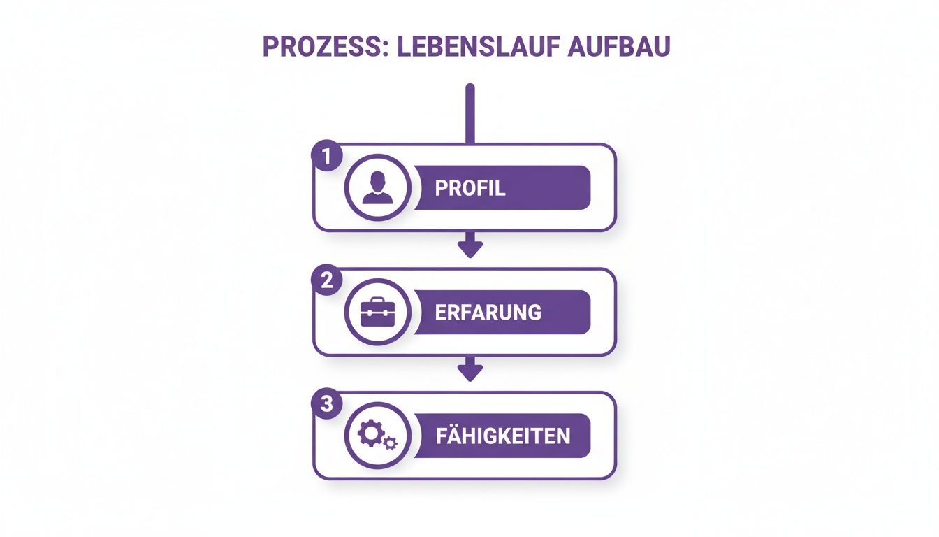 Ein Diagramm zeigt den Prozess des Lebenslauf-Aufbaus in drei Schritten: Profil, Erfahrung und Fähigkeiten.