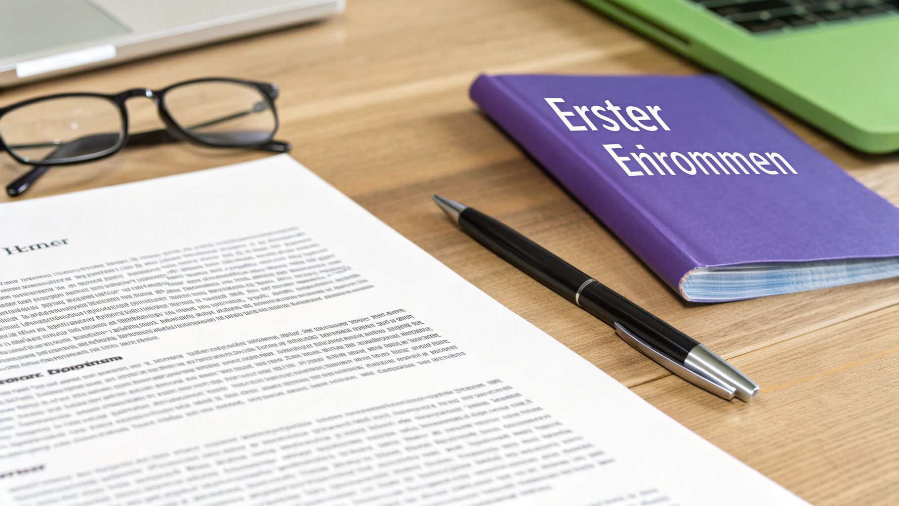 Ein Schreibtisch mit Dokumenten, einem Stift, einer Brille und einem Notizbuch mit der Aufschrift „Erster Enrommen“.