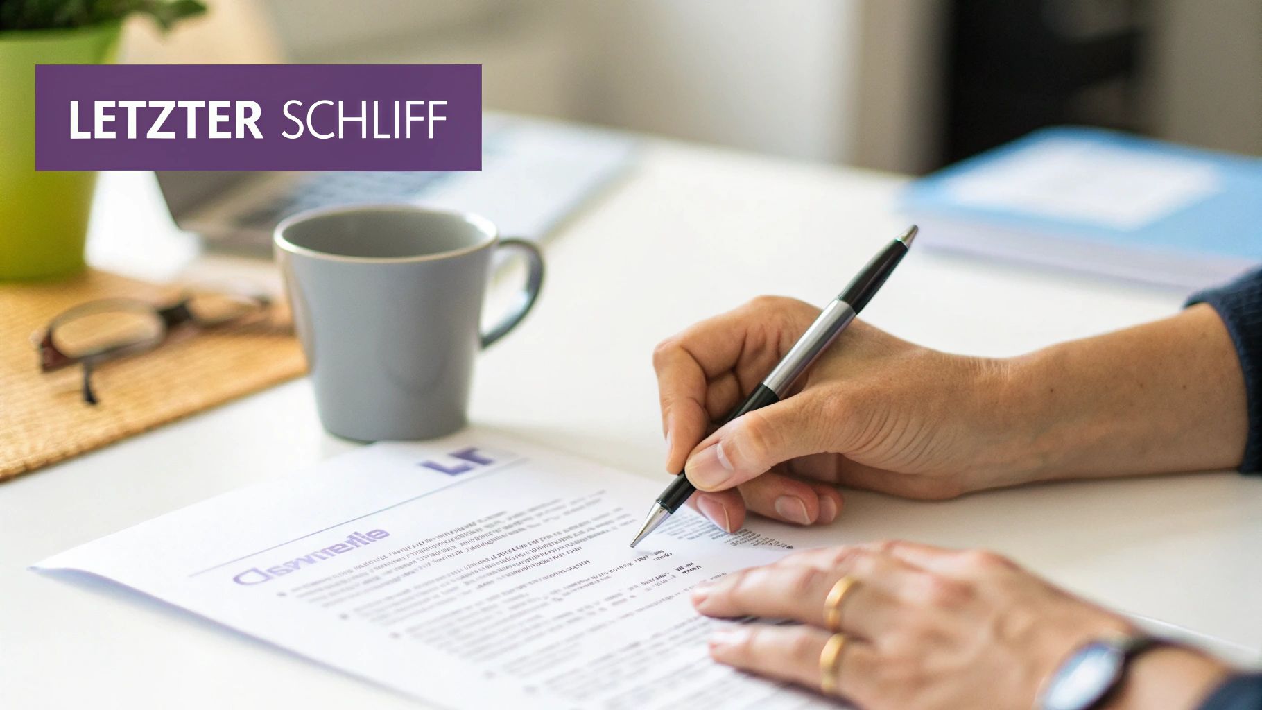 Hände schreiben auf einem Dokument mit einem Stift, umgeben von einem Becher und Brille. Überschrift: LETZTER SCHLIFF.