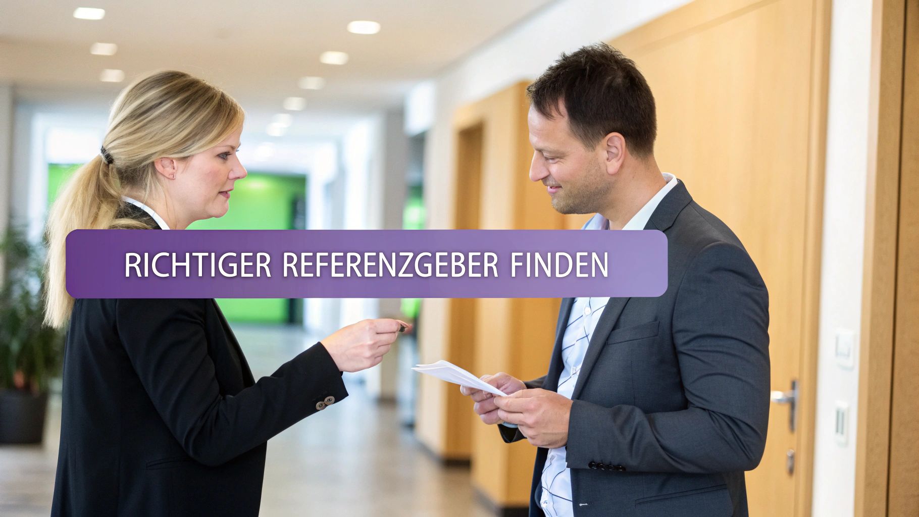 Zwei Geschäftsleute tauschen Dokumente in einem modernen Büroflur aus, Thema 'Richtiger Referenzgeber finden'.