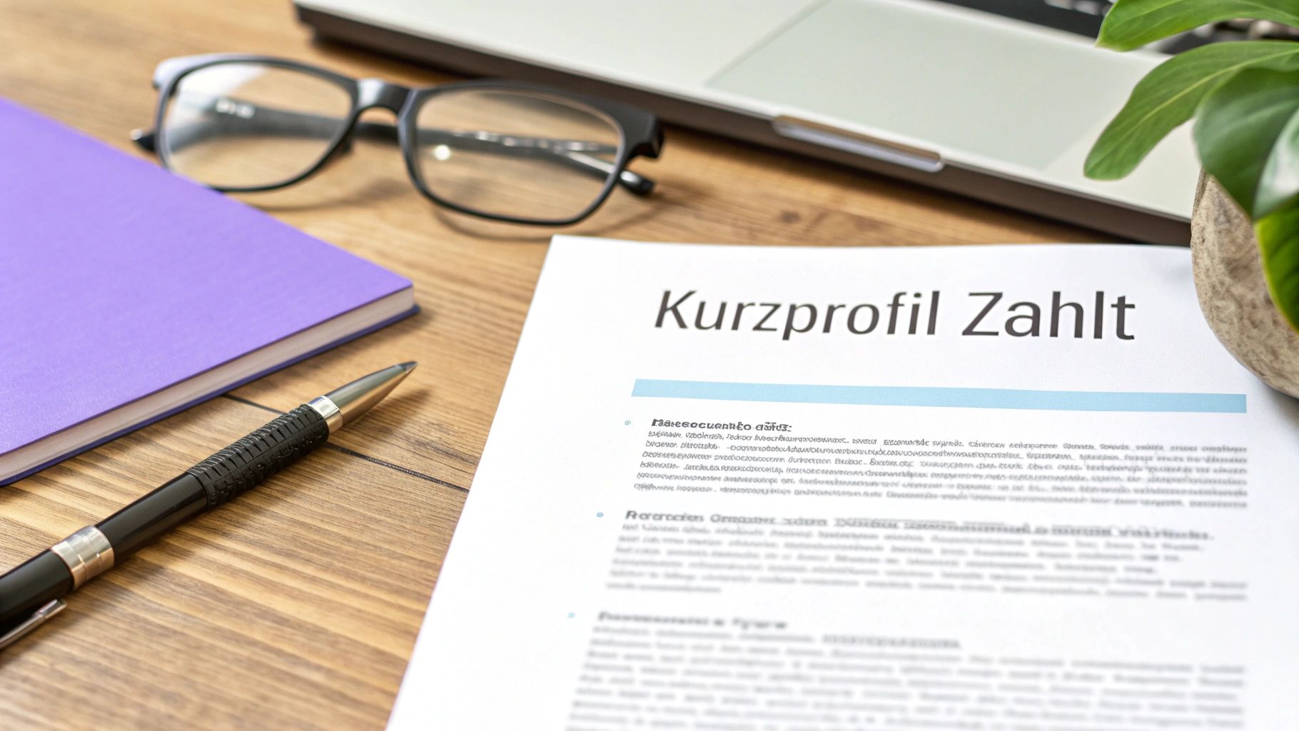 Schreibtisch mit Dokument 'Kurzprofil Zahlt', Stift, Notizbuch, Brille, Laptop und Pflanze. Eine professionelle Arbeitsumgebung.