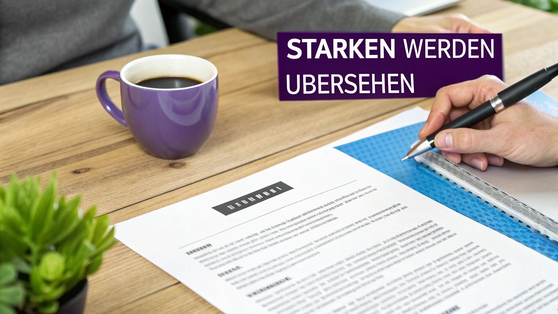 Eine Person schreibt an einem Schreibtisch mit Kaffee, daneben der Text 'Stärken werden übersehen'.