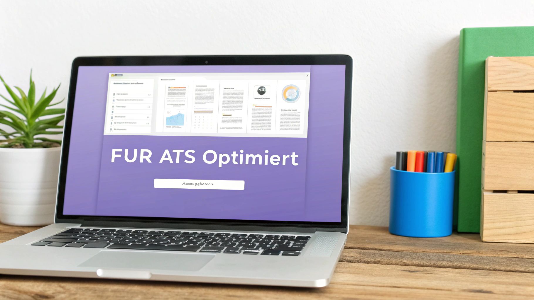 Laptop auf Holzschreibtisch zeigt Präsentation mit Text 'FUR ATS Optimiert', umgeben von einer Pflanze und Büromaterial.