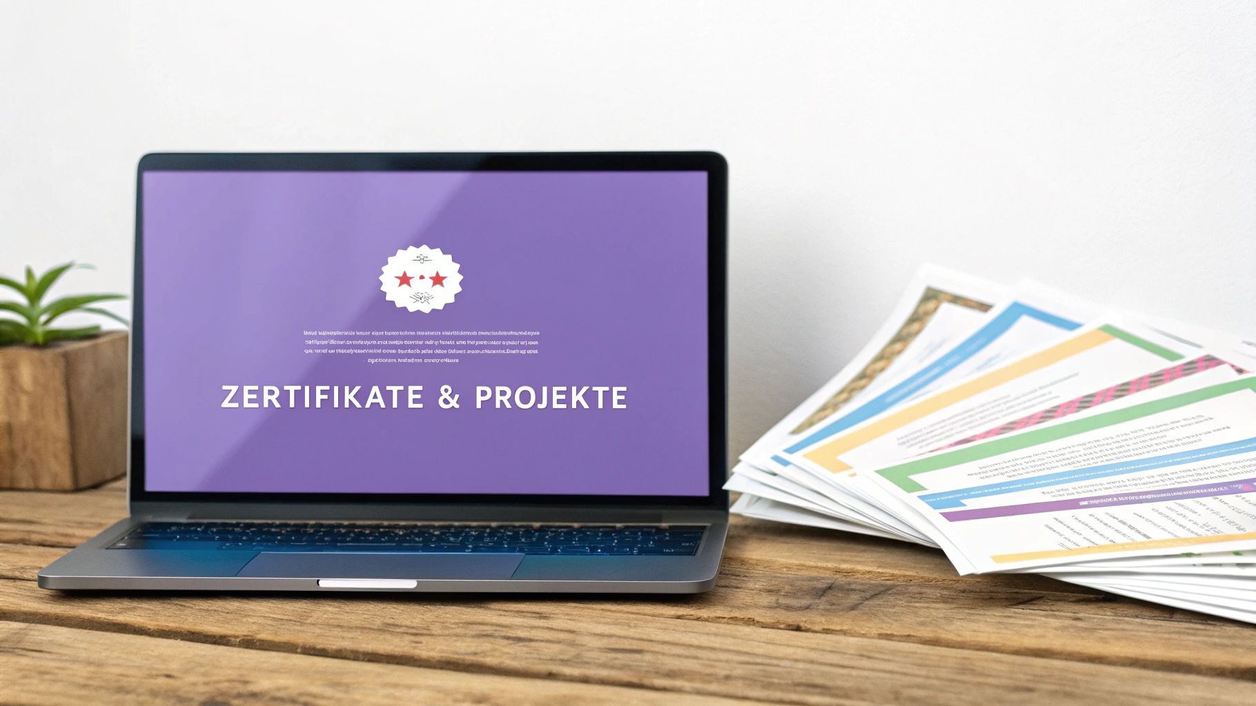 Laptop auf Holztisch zeigt den Text 'ZERTIFIKATE & PROJEKTE', umgeben von Dokumenten und einer Pflanze.