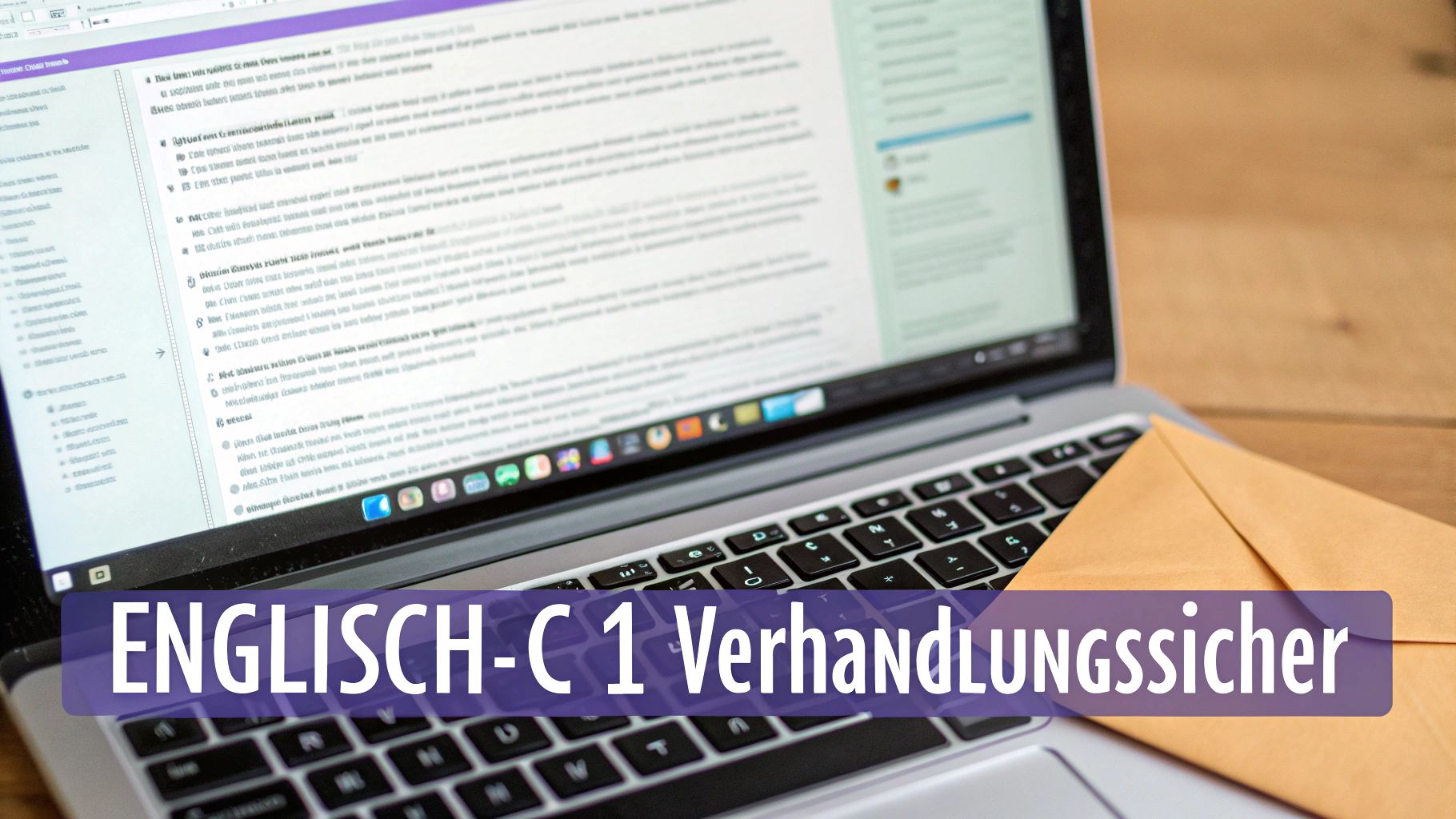 Laptop auf Holschztisch zeigt einen Sprachkursinhalt mit der Aufschrift ENGLISCH-C1 Verhandlungssicher.