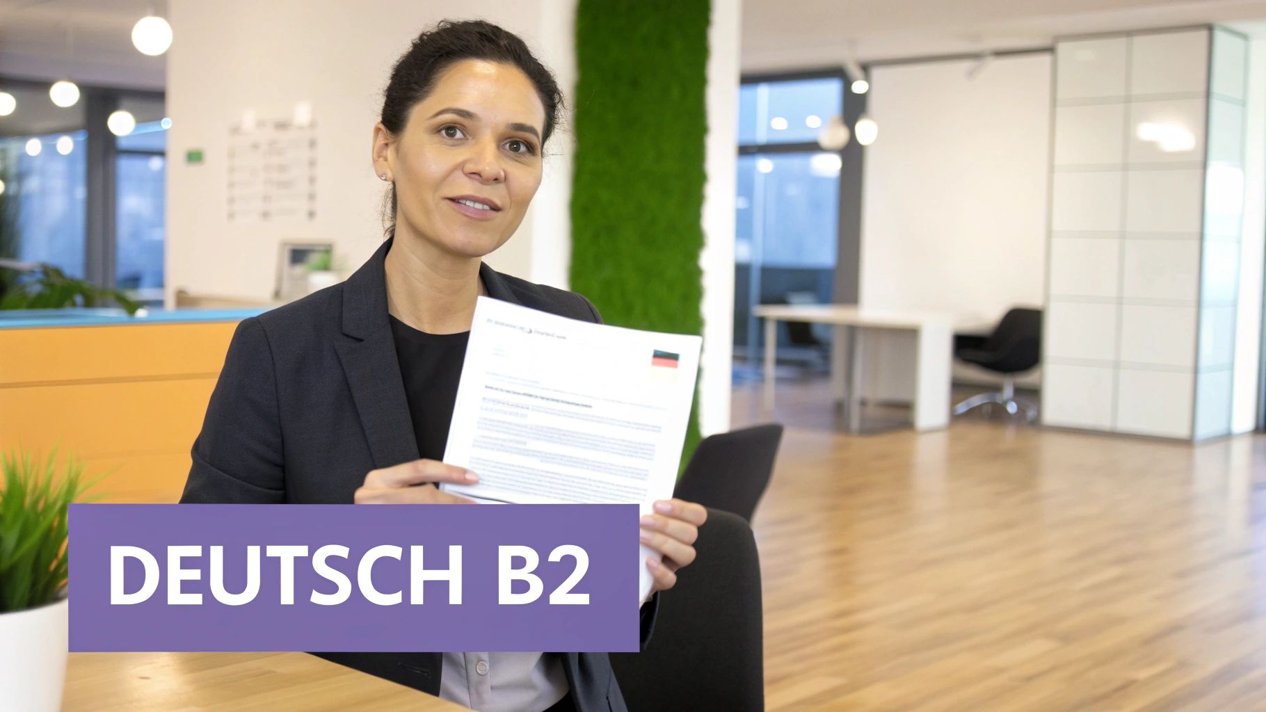 Frau hält ein Dokument mit deutscher Flagge und der Aufschrift "DEUTSCH B2" in einem Büro.