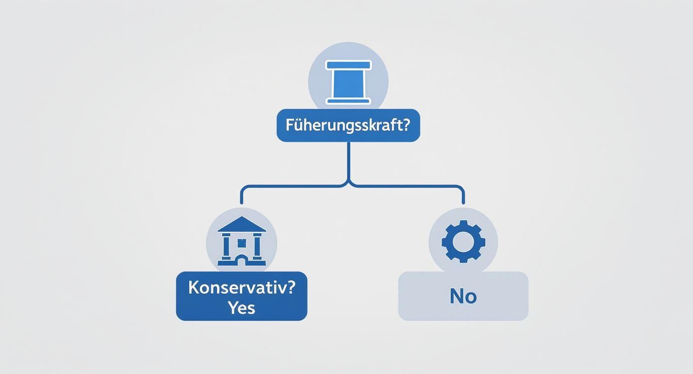 Ein Entscheidungsflussdiagramm zeigt Fragen zur Führungskraft und konservativen Einstellung mit Ja/Nein-Antworten.