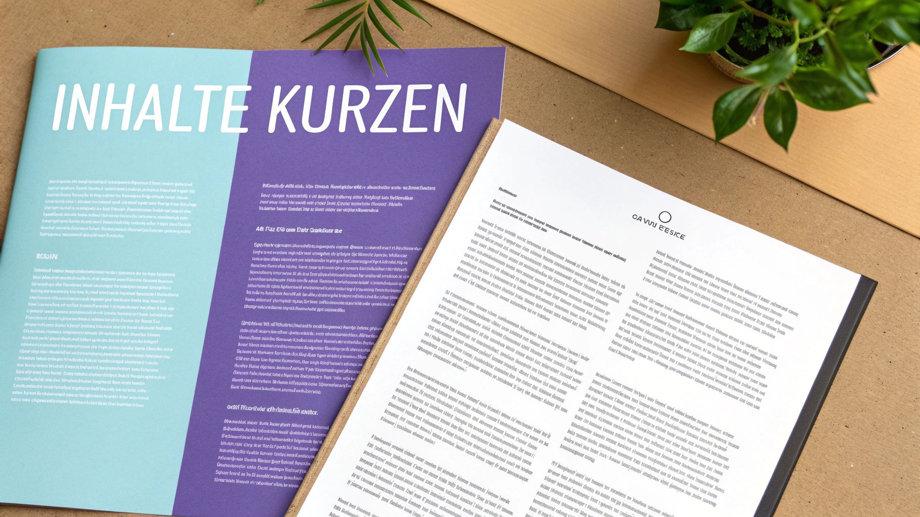 Broschüre mit dem Titel 'INHALTE KURZEN' und ein Lebenslauf auf einem Schreibtisch mit Pflanze.
