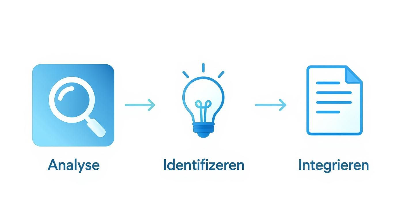 Ein Prozessdiagramm mit den Schritten Analyse (Lupe), Identifizieren (Glühbirne) und Integrieren (Dokument) verbunden durch Pfeile.