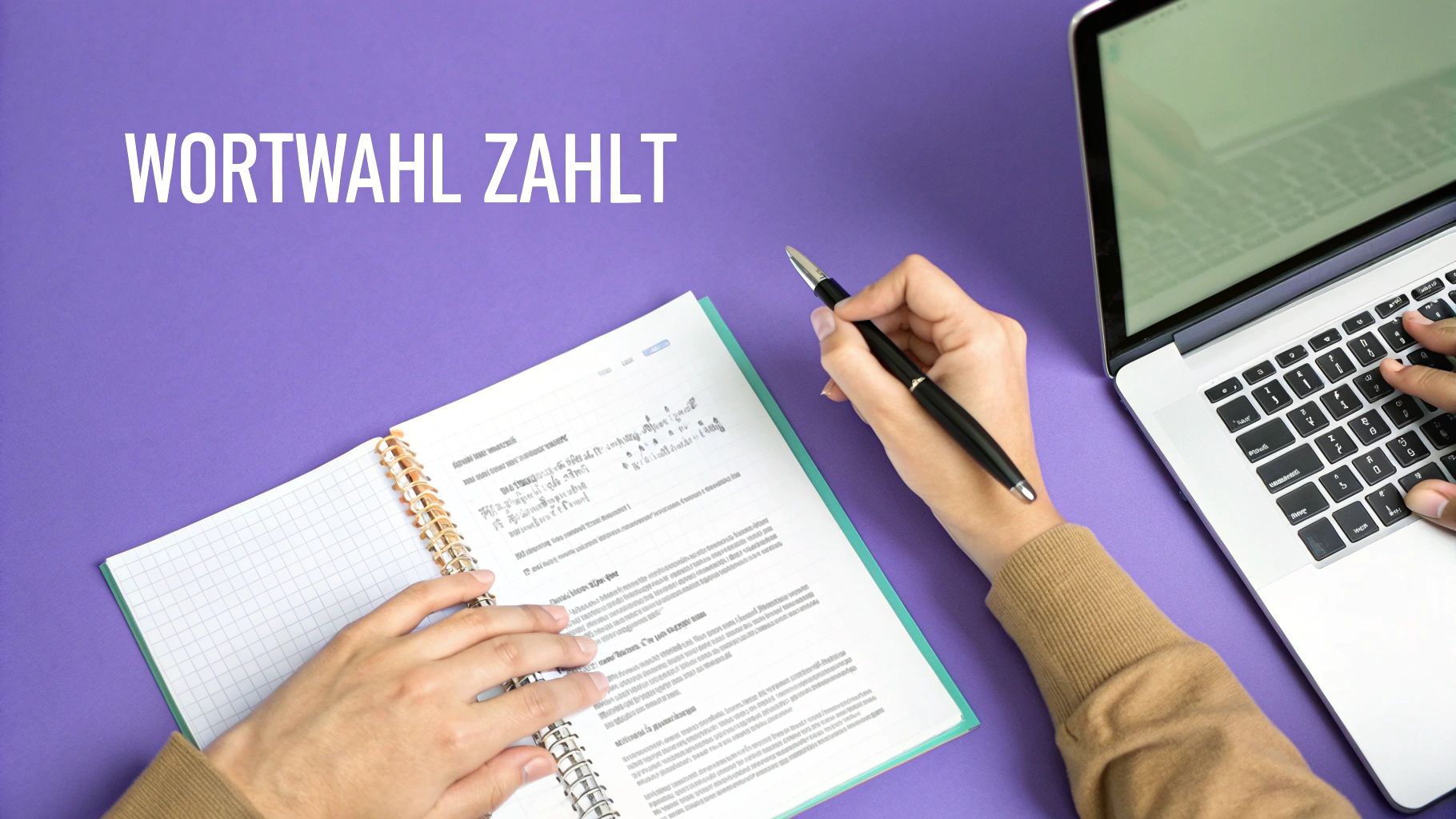 Eine Person arbeitet am Laptop und schreibt in ein Notizbuch, mit dem Text 'WORTWAHL ZÄHLT'.