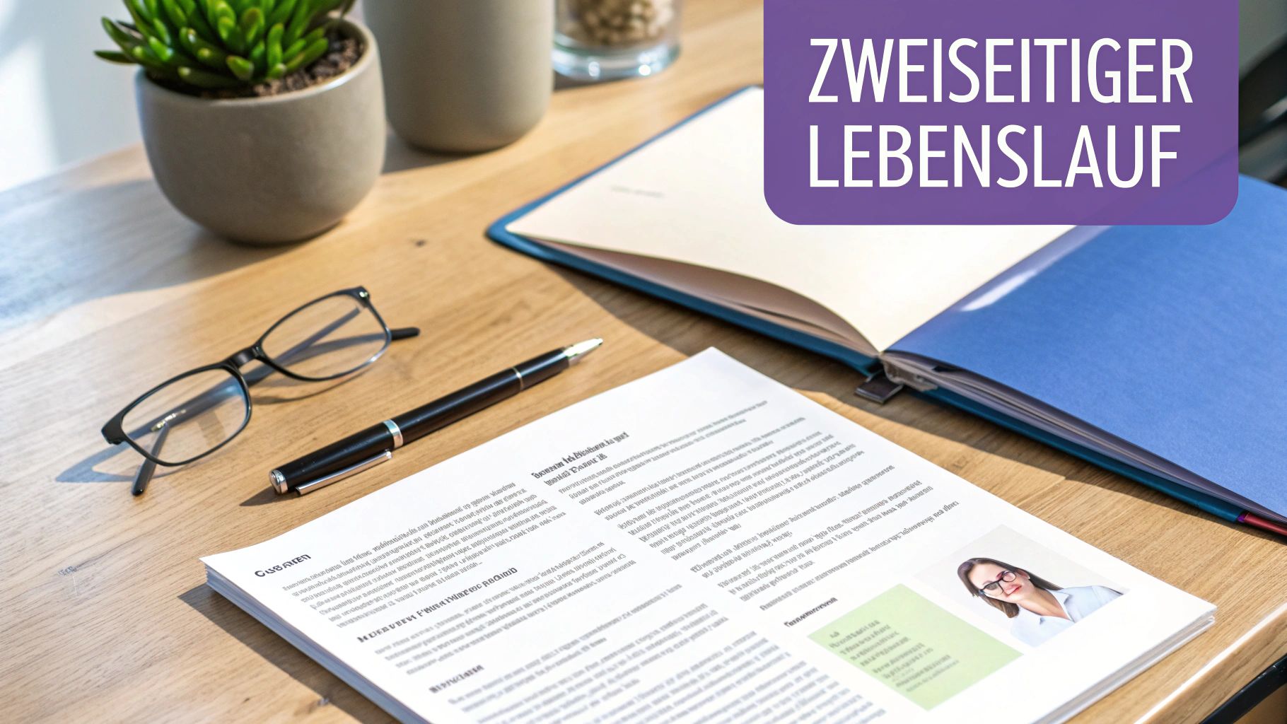 Schreibtischansicht mit einem zweiseitigen Lebenslauf, Brille, Stift und Notizbuch, perfekt für die Bewerbung.