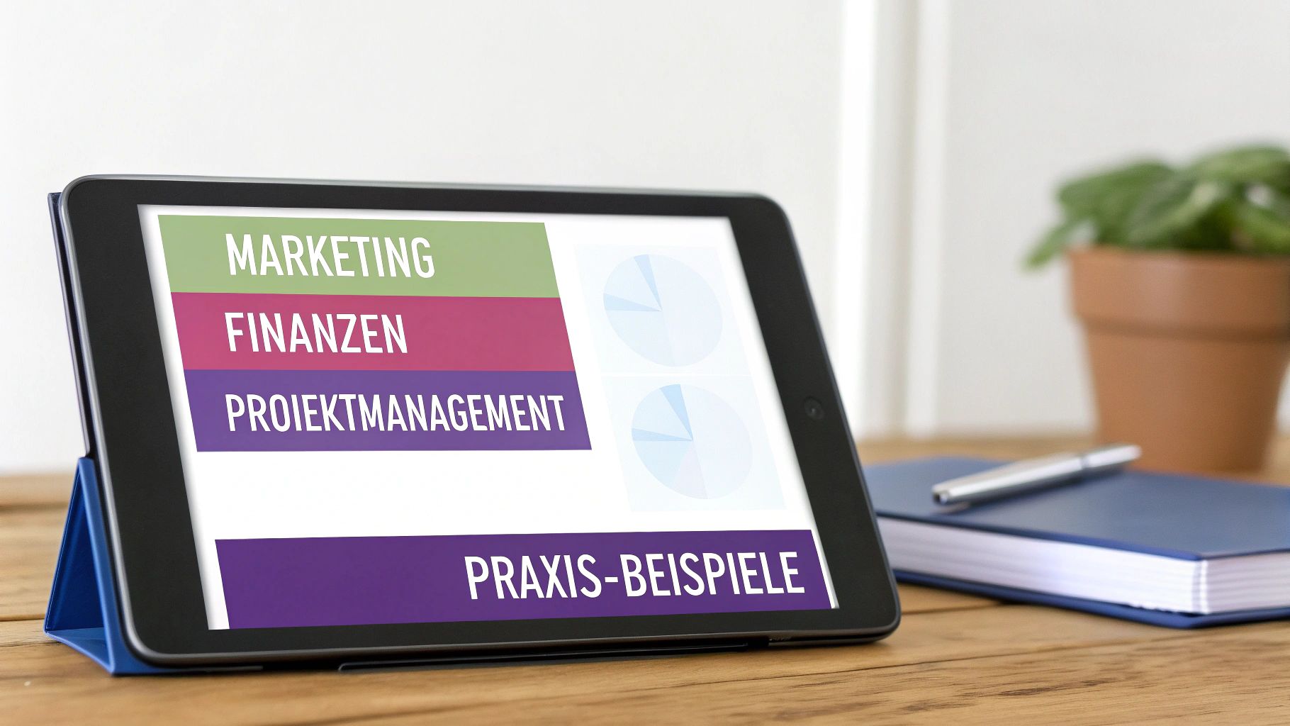 Tablet auf Holztisch zeigt Menüpunkte für Marketing, Finanzen, Projektmanagement und Praxis-Beispiele, ideal für berufliche Weiterbildung.