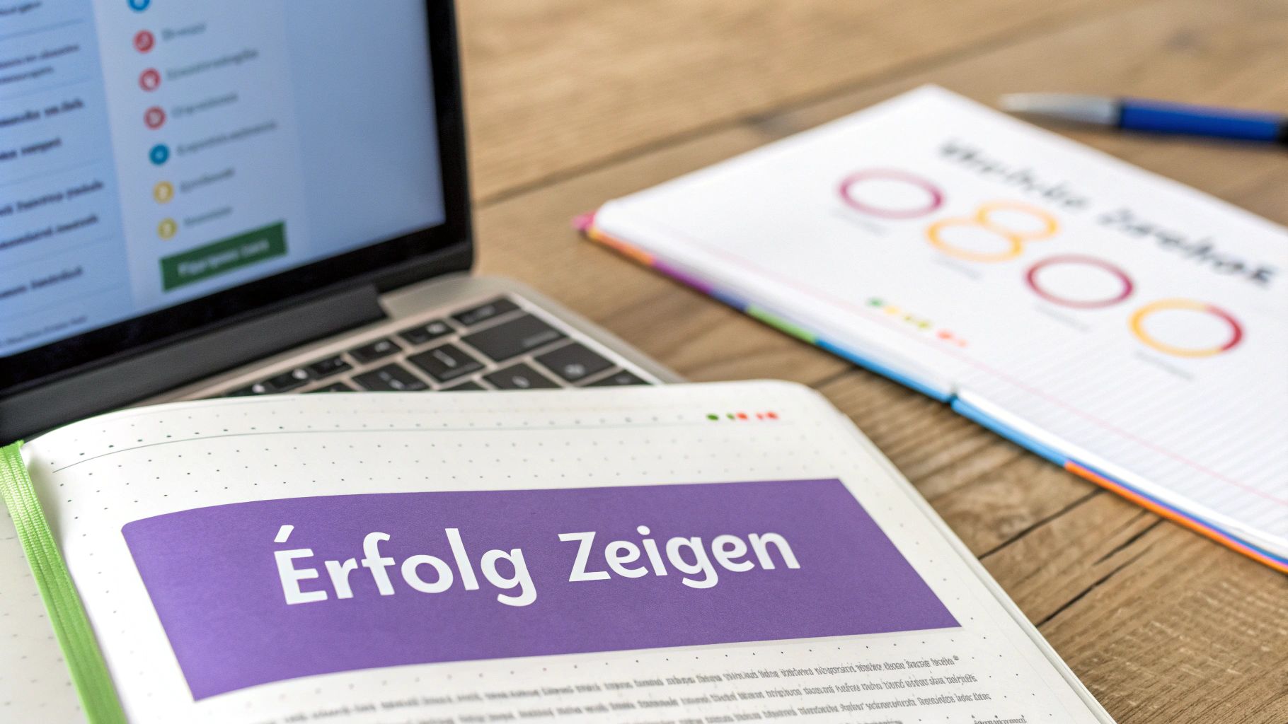 Notizbuch mit 'Erfolg Zeigen'-Titel, Laptop und Diagrammen auf einem Holztisch, symbolisiert Planung und Erfolg.