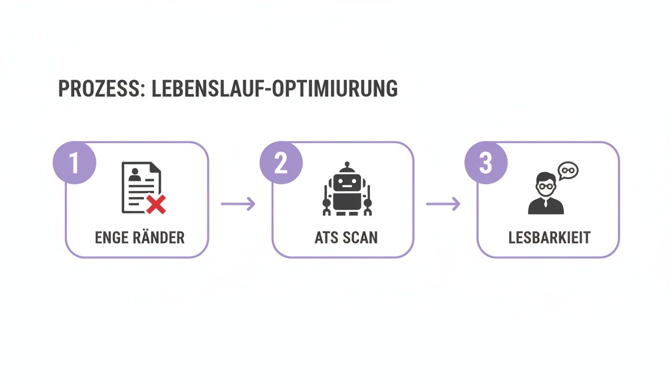 Prozess zur Lebenslauf-Optimierung: von engen Rändern über ATS-Scan zur besseren Lesbarkeit.
