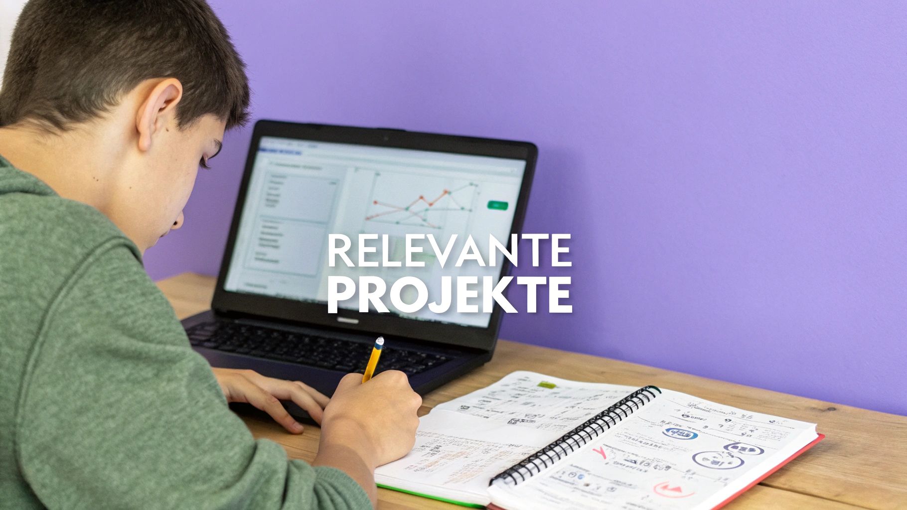 Ein junger Mensch arbeitet an einem Laptop und schreibt in ein Notizbuch, mit dem Text "RELEVANTE PROJEKTE".