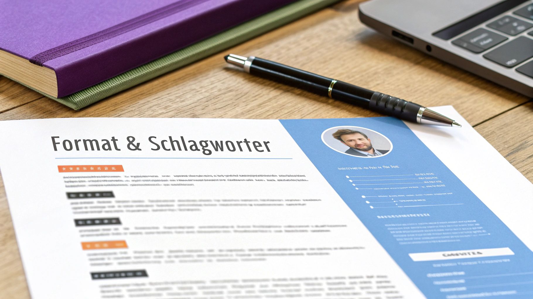 Ein Lebenslauf mit dem Titel „Format & Schlagwörter“ liegt auf einem Holztisch neben Stift, Notizbüchern und Laptop.