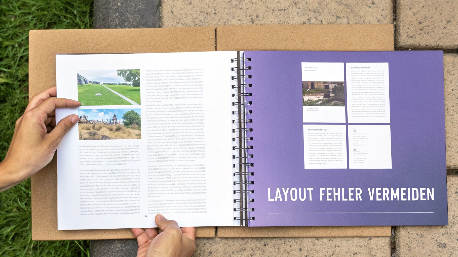 Offenes, spiralgebundenes Buch mit Text und Bildern, von Händen gehalten, zeigt Layout-Beispiele.