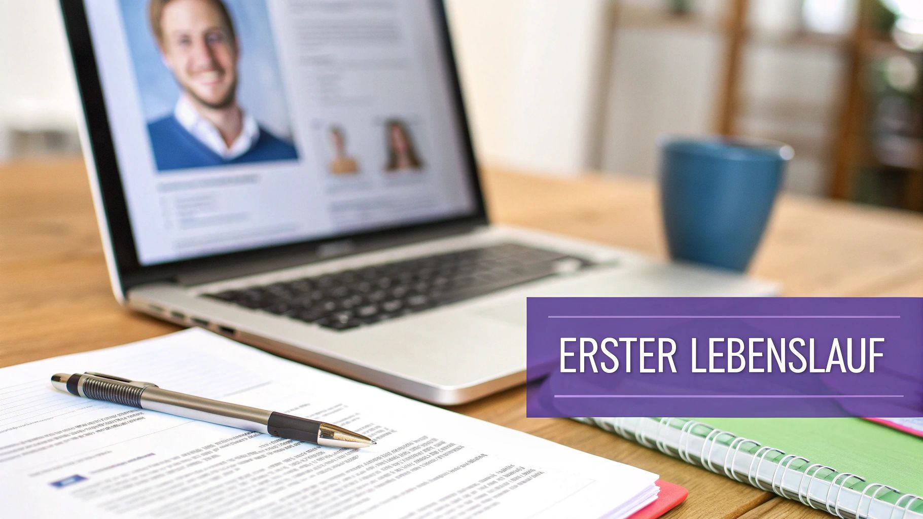 Laptop auf Holztisch zeigt Lebenslauf mit Bewerbungsfoto. Daneben liegen Stift, Papier und Notizbücher. Overlay: Erster Lebenslauf.