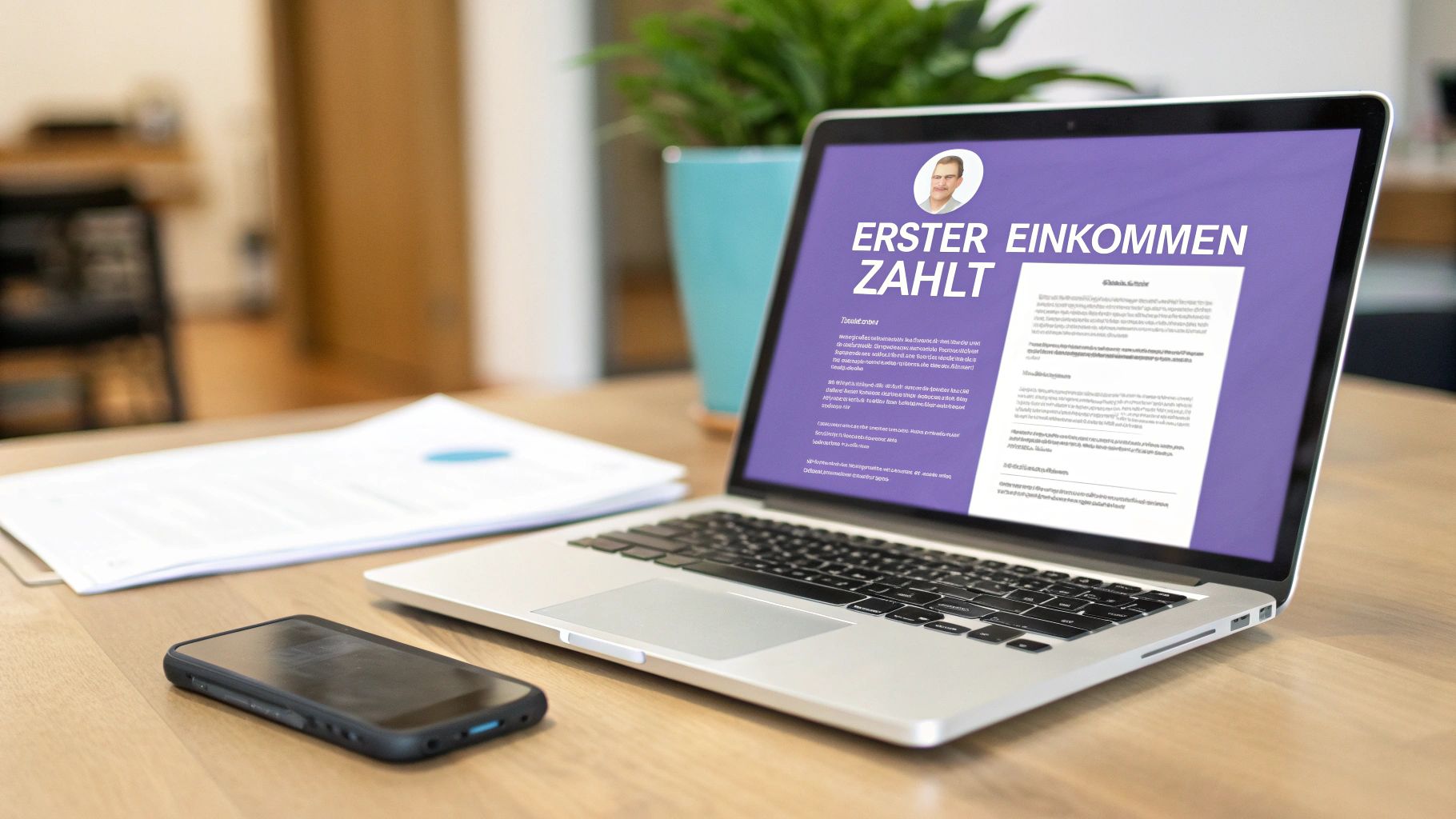 Laptop auf Holztisch mit lila Bildschirm, der 'ERSTER EINKOMMEN ZÄHLT' anzeigt, daneben Smartphone und Dokumente.