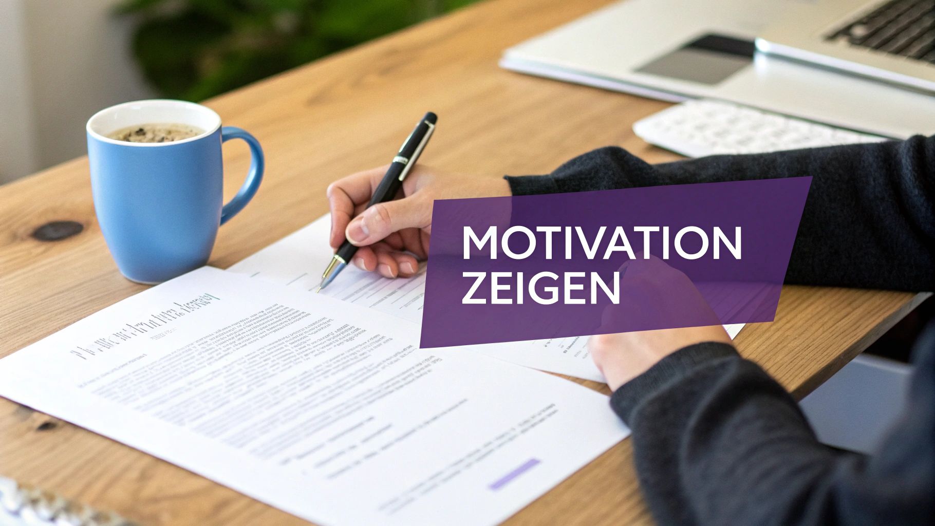 Eine Person schreibt an einem Schreibtisch mit Kaffee und Laptop, überlagert von "Motivation zeigen".